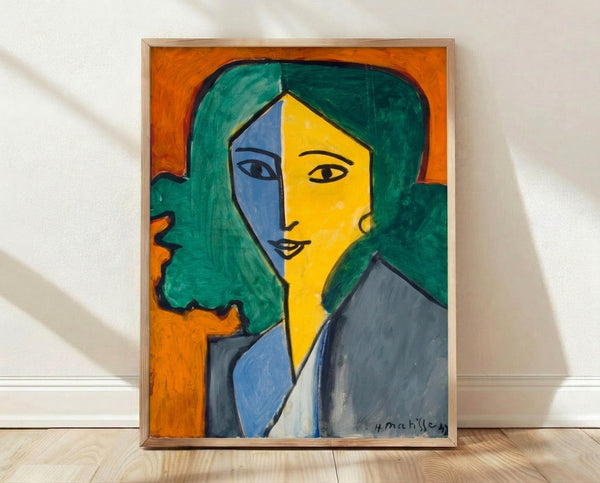 Matisse portrait print featuring a woman's face rendered in bold abstract forms with warm ochres and deep blues against a neutral background, framed on a wall.