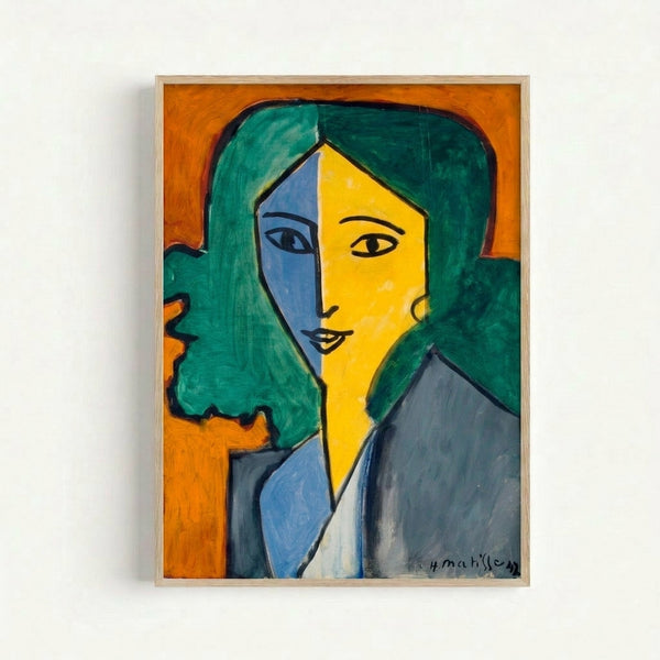 Modern art print of a stylized female portrait in Matisse's characteristic bold color blocks and simplified lines, displaying muted earth tones and cool accents.