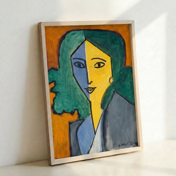 Abstract portrait artwork showing a woman's visage composed of flat geometric shapes in warm and cool tones, exemplifying early 20th century modernist painting.
