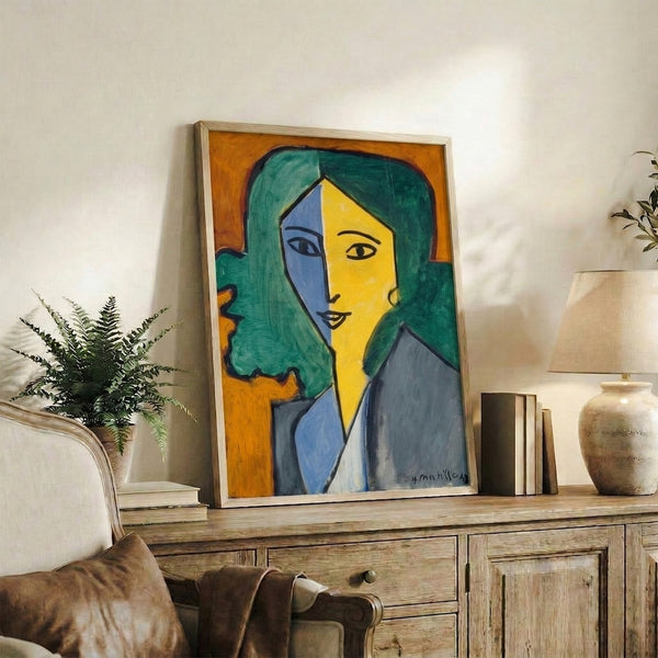 Contemporary art print of a female portrait in the fauve tradition, featuring flattened perspective and vibrant yet restrained color palette on a gallery wall.