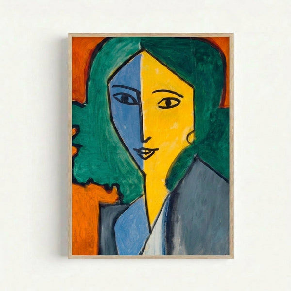 Framed modern art print featuring a mysterious female portrait in soft yellows and cool blues with flowing abstract forms characteristic of mid-century Matisse.