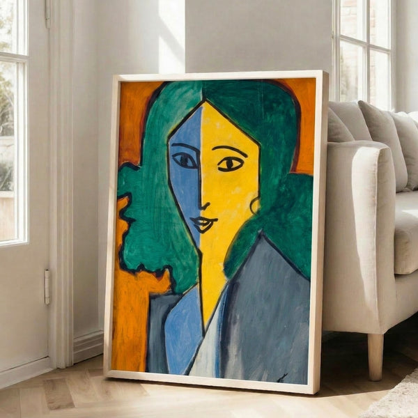 Contemporary art print showing an enigmatic portrait with loose brushwork in yellow, blue, and green, creating a serene and sophisticated wall display.