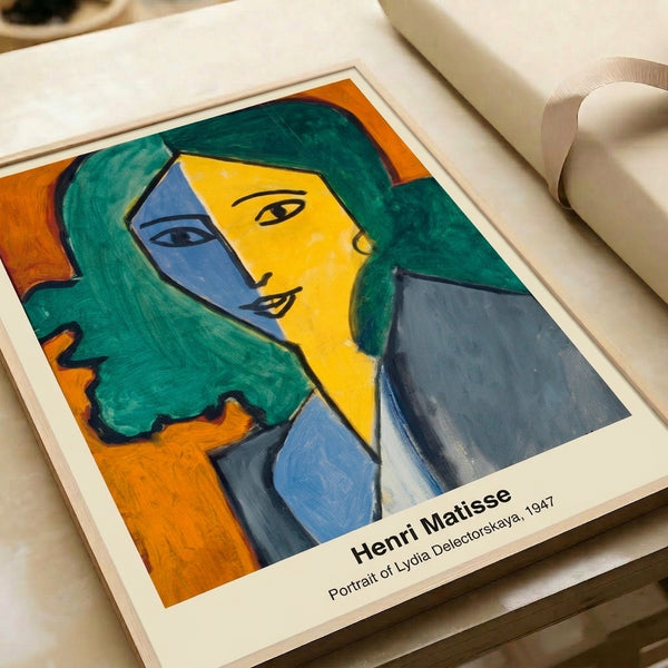 Modern minimalist portrait art featuring a woman's visage deconstructed into bold color fields of yellow, blue, and green with an enigmatic presence.
