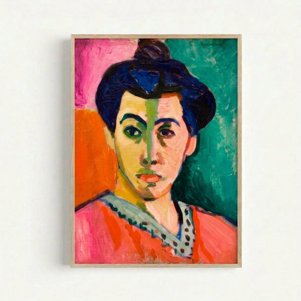 Modernist portrait of a woman with a striking vertical green line dividing her face, executed in delicate watercolor washes with warm earth tones and cool greens.