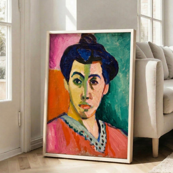 Expressionist watercolor portrait featuring a woman's simplified face bisected by a vivid green stripe, surrounded by soft pink and beige tones creating an intimate, artistic mood.