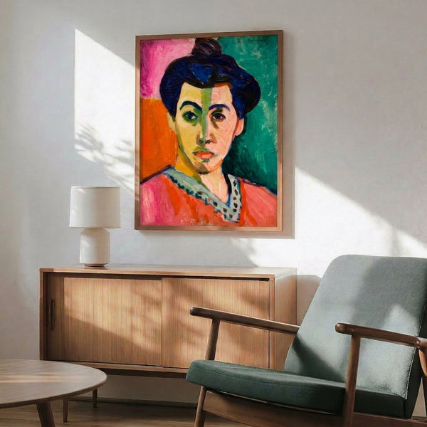 Modern art print of a woman's portrait with a prominent green vertical stripe through the center, painted in loose watercolor style with ochre, rose, and neutral tones.