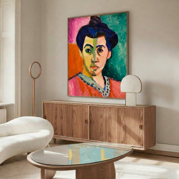 Fauvism-inspired portrait print of a woman with a distinctive green line down the middle, executed in flowing watercolor technique combining soft neutrals with striking chromatic contrast.