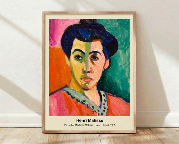 Bold modernist portrait of a woman with expressive brushstrokes in green, red, and blue tones, framed as wall art.