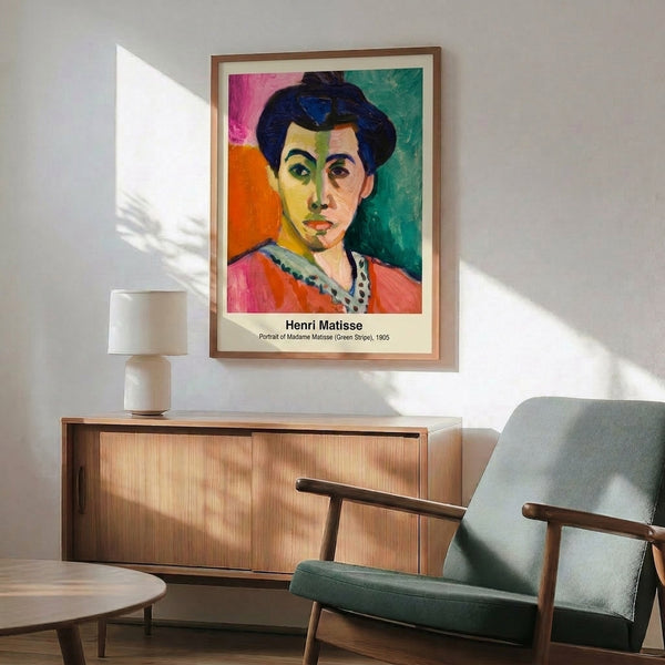 Modern portrait print of a woman with gestural, expressive marks in green, red, and ochre creating an intimate yet abstract composition.