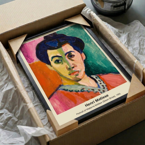 Framed modernist portrait artwork featuring a female subject rendered with expressive watercolor technique in vibrant complementary colors.
