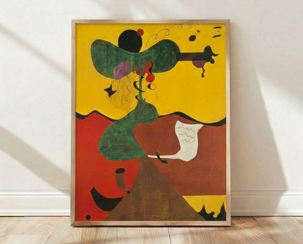 Abstract surreal portrait with geometric shapes and muted earth tones, framed as a modern art print on a wall.