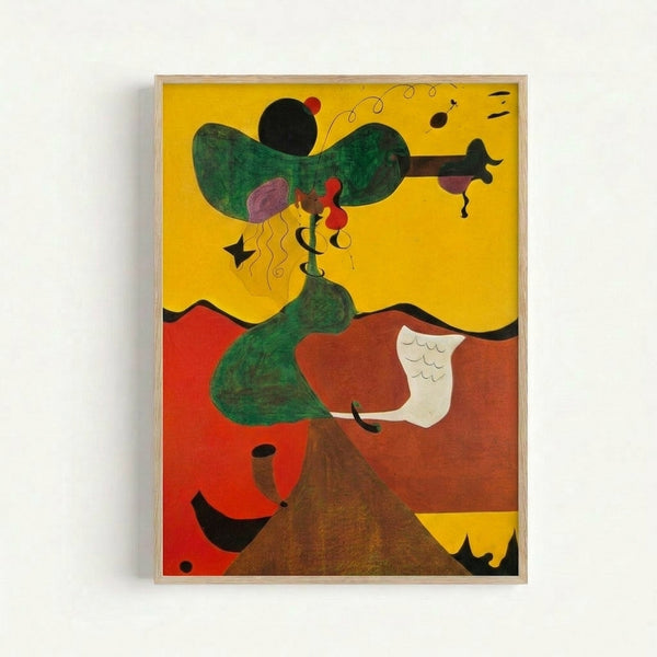 Faceless portrait painting in Miró style featuring abstract forms in ochre, cream, and soft brown hues.