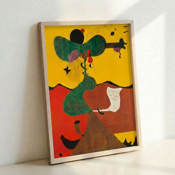 Surreal abstract wall art depicting a stylized figure through geometric and organic shapes in warm neutral colors.