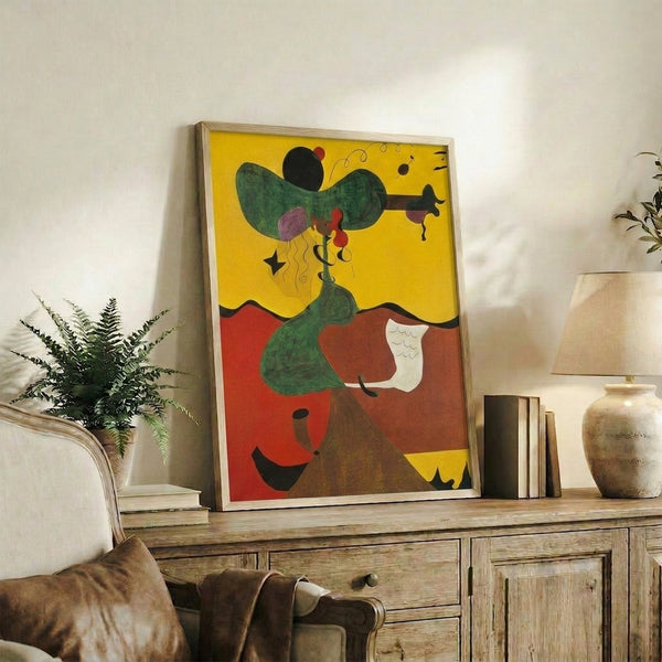 Framed abstract portrait with minimalist composition in earthy tones, blending surreal and cubist elements.