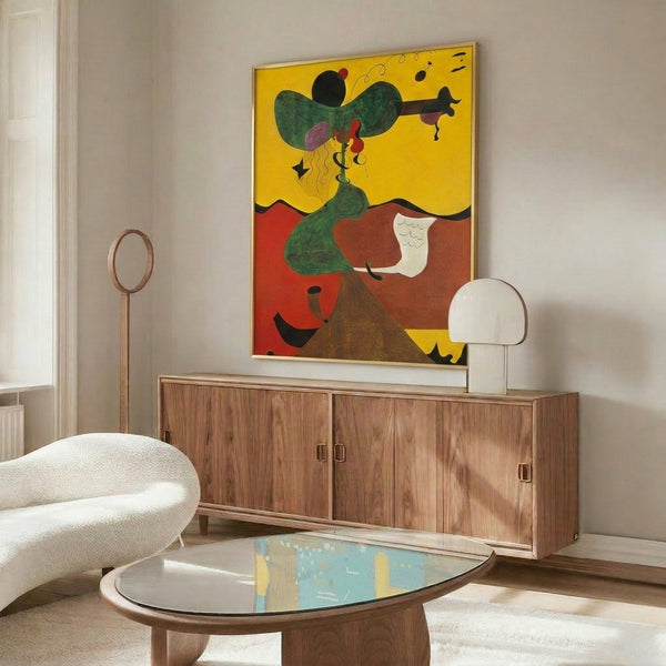 Contemporary abstract wall art featuring an enigmatic figure through interlocking shapes in warm, earthy hues.