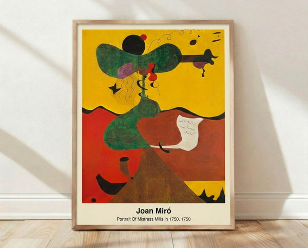 Abstract surreal portrait with whimsical distorted features in vivid reds, blues, yellows, and earth tones, framed on a wall.