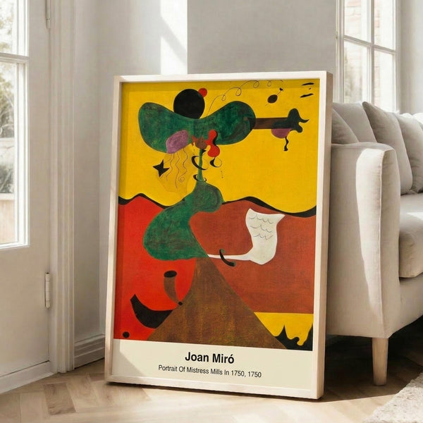 Abstract portrait art print displaying whimsical surreal shapes and figures in bold vivid colors and earthy tones, hung as wall decor.