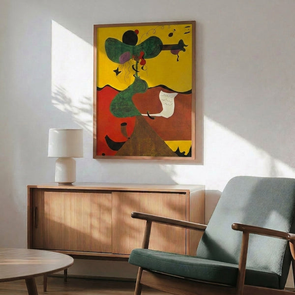 Faceless surreal portrait featuring bold abstract shapes and forms in vivid primary colors mixed with earth-toned accents on framed wall art.