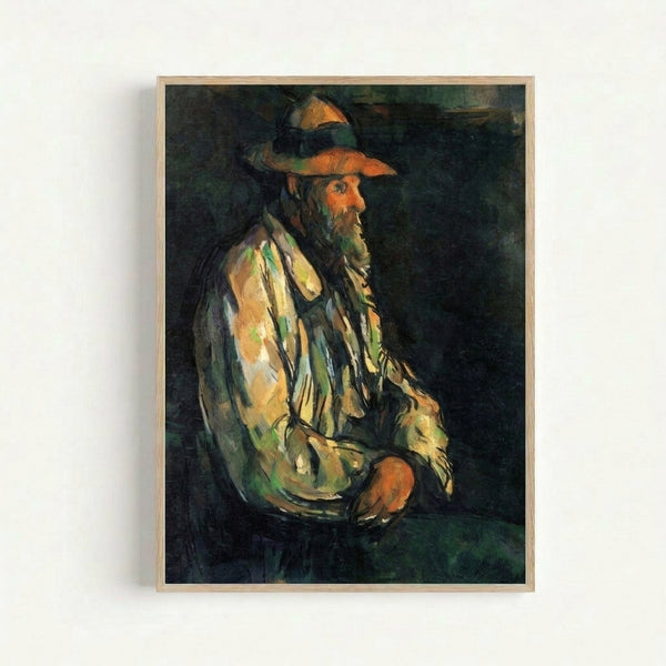 Vintage-style portrait poster featuring a seated man rendered in Cezanne's post-impressionist technique with warm ochres and cool shadows.
