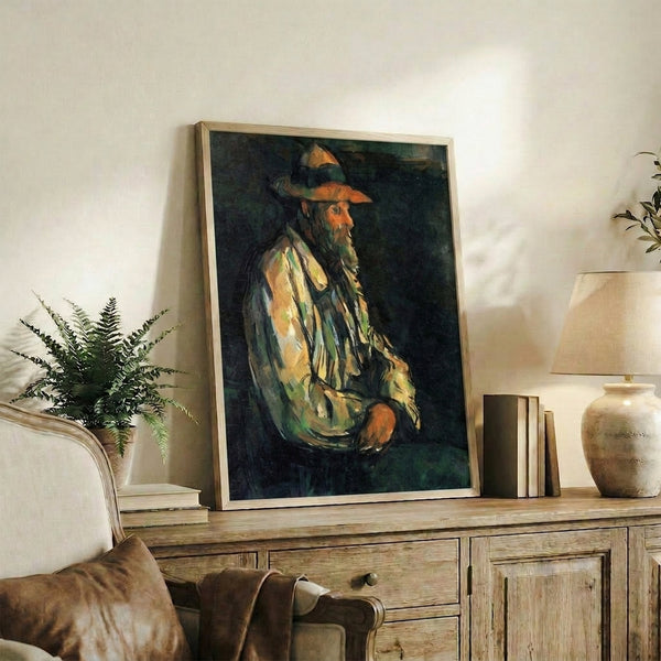 Portrait painting of a contemplative figure in soft earth tones and pale blues, rendered in Cezanne's structured post-impressionist approach.