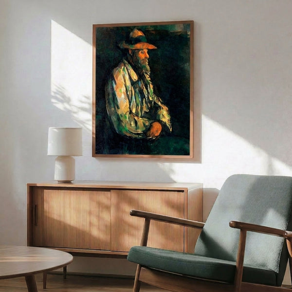 Cezanne-inspired portrait framed poster showing a man with gentle introspective expression, executed in warm neutrals and cool accents.