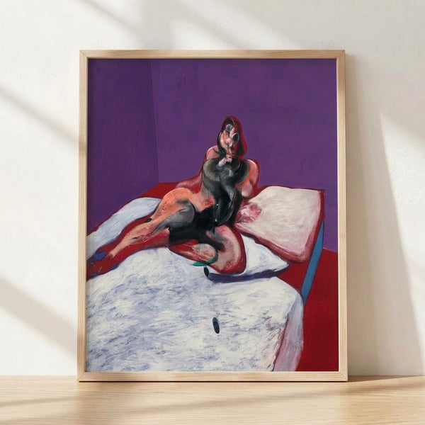 Abstract portrait of a figure in muted earth tones and grays, rendered in expressionistic brushstrokes with distorted facial features, framed as a modern art print on a wall.