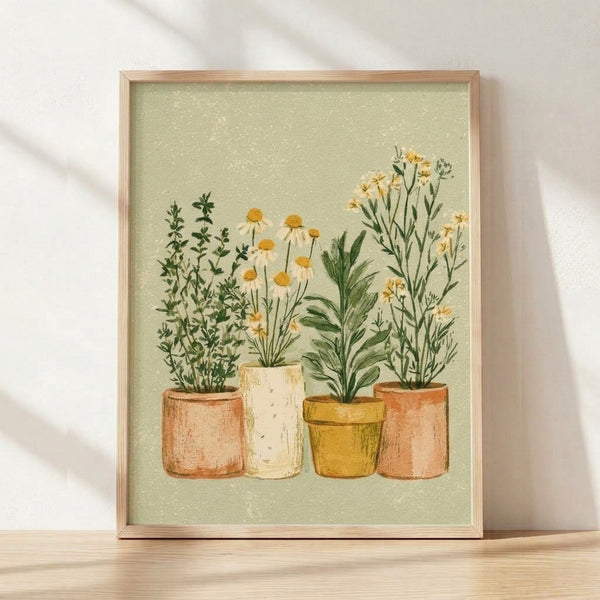 Watercolor botanical poster featuring potted herbs and wildflowers in terracotta vessels, rendered in soft sage green, golden yellow, and cream tones on a framed wall art display.