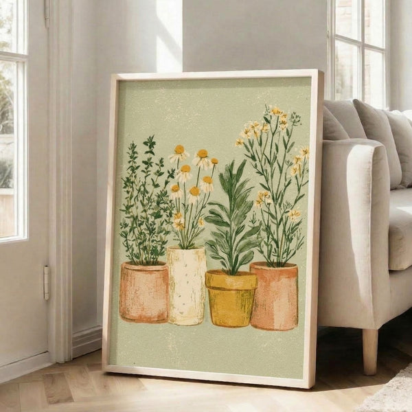 Gentle watercolor painting of flowering plants and culinary herbs in rustic terracotta pots, evoking a cozy, nurturing domestic atmosphere in warm and muted natural colors.