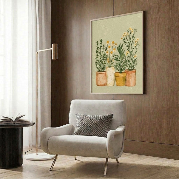 Framed botanical art print showcasing delicate daisies and foliage in terracotta containers, painted in soft watercolor with a palette of sage, cream, and warm golden hues.