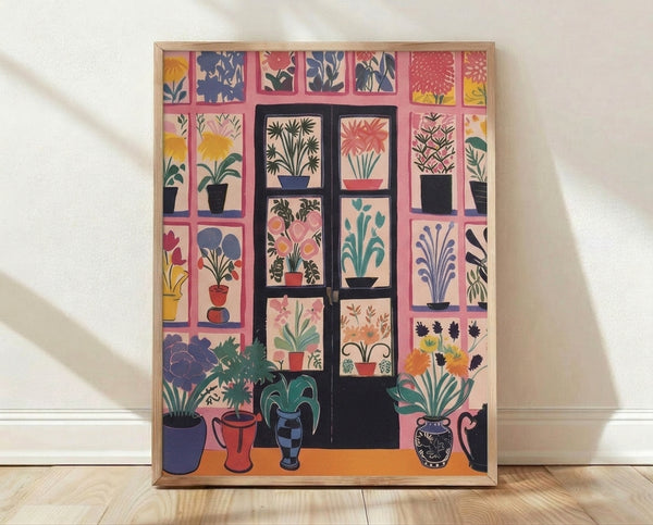 Retro Bauhaus poster featuring potted plants and flowers arranged in a grid window layout, rendered in pink, yellow, teal, and cream with bold black lines.