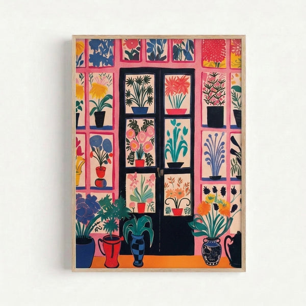 Minimalist botanical art print with geometric window panes displaying stylized potted plants and leaves in a cheerful palette of pink, yellow, and teal against cream background.
