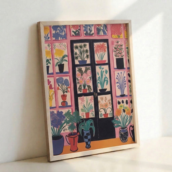 Japandi-inspired framed poster of organized potted flowers and greenery in a grid composition, combining Bauhaus design principles with warm pink, yellow, and cool teal tones.