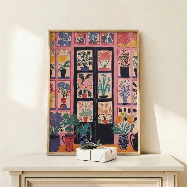 Cheerful retro botanical wall art showcasing an arrangement of potted plants and vases behind window grid lines in soft pink, mustard yellow, and teal with black accents.