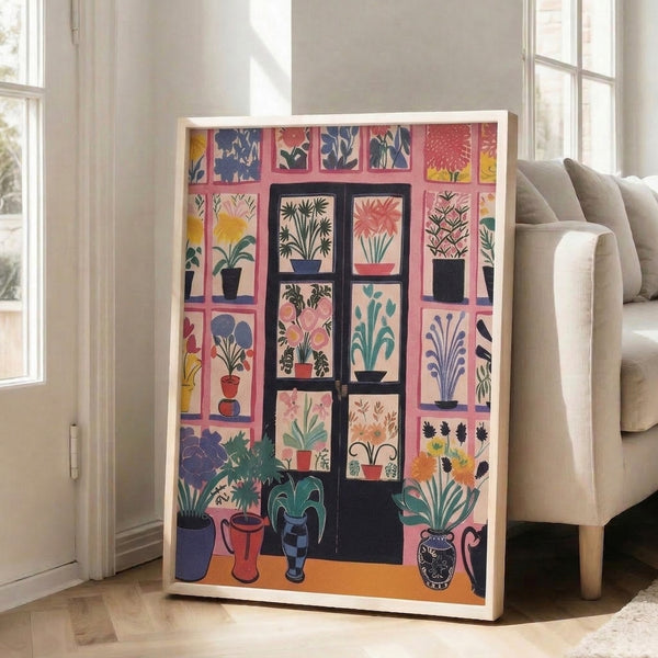 Minimalist plant poster with Bauhaus-style geometry, depicting flowers and foliage in pots viewed through a window frame in pink, yellow, teal, and cream palette.