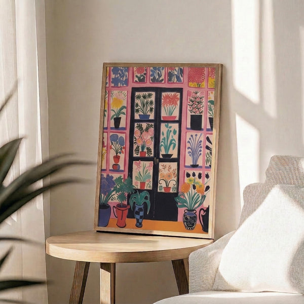 Retro botanical framed art print showing a grid of stylized potted flowers and leaves in charming palette of pink, mustard, teal, and ivory on minimalist design.