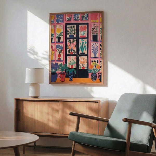 Minimalist poster depicting a potted plant and flower window arrangement in retro style with bold geometric framing in pink, yellow, teal, black, and cream.
