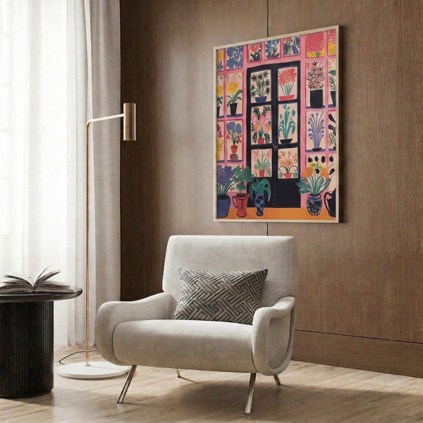 Japanese-influenced botanical art print featuring organized potted plants behind window grid lines in soft Bauhaus palette of pink, yellow, teal, and neutral cream tones.