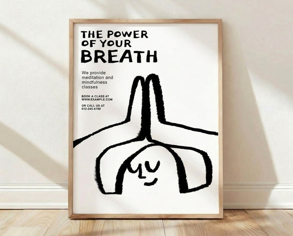 Minimalist line art poster featuring a serene profile of a person with lungs illustrated in simple black lines on white, promoting calm breathing and mindfulness.