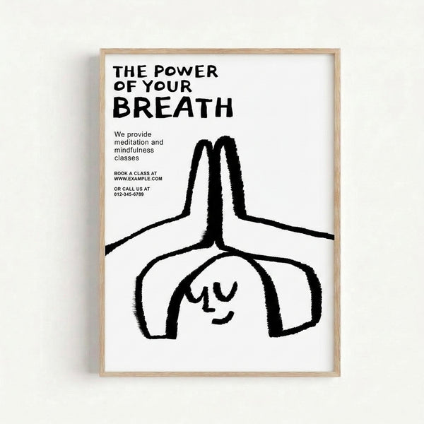 Black and white line drawing poster showing the connection between breath and body, with minimalist illustration of a figure and lungs in a meditative style.