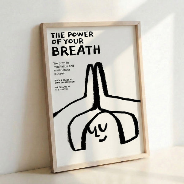 Zen-inspired framed art print with minimalist line art depicting a person's profile and respiratory system in elegant black strokes on white background.