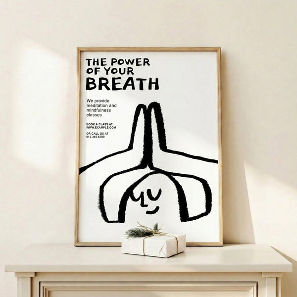 Modern minimalist poster featuring continuous line art of a contemplative figure with lungs, evoking peace and intentional breathing practices.