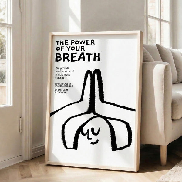 Simple line art print in black and white showcasing the power of breath through minimalist illustration of a person in profile with lungs, ideal for wellness spaces.