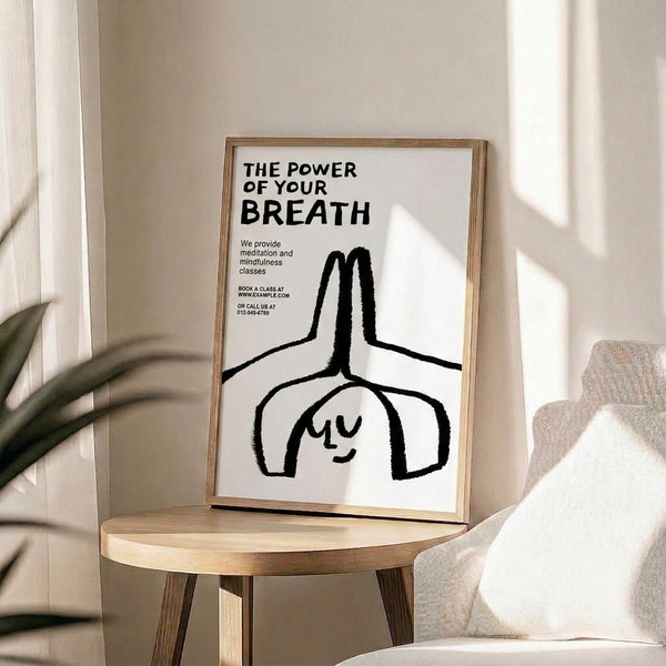 Minimalist wellness poster with clean black line art portraying a human silhouette and breath system, creating an aspirational and calming wall display.