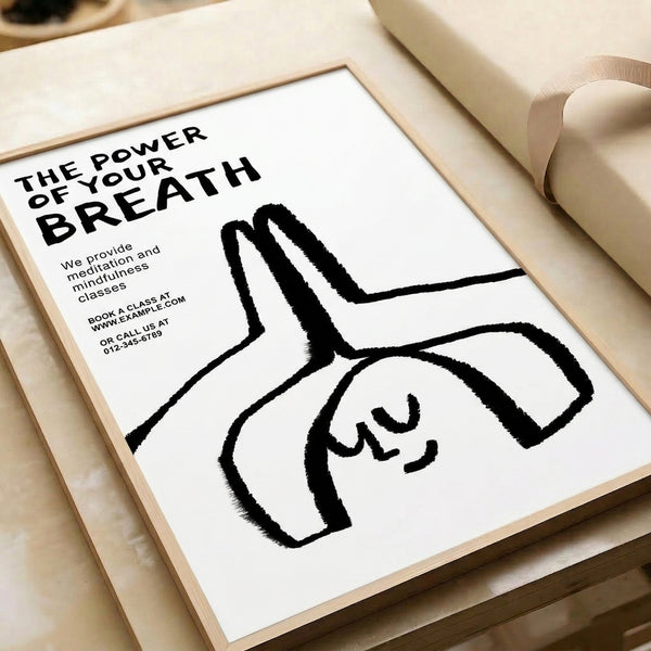 Contemporary line art framed poster in monochrome showing a meditative figure with illustrated lungs, celebrating mindful breathing in a minimalist aesthetic.