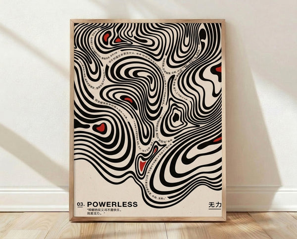 Minimalist abstract poster in black, cream, and red with bold typographic line art, creating an intense and meditative composition inspired by Bauhaus design principles.