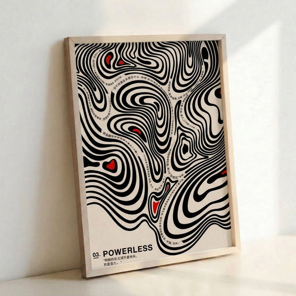 Abstract line art poster with minimalist aesthetic, combining black typography and crimson geometric elements on a light cream field, evoking contemplative mood.