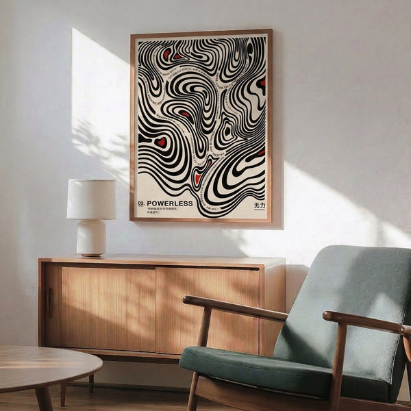 Contemporary abstract poster blending Bauhaus design with minimalist line work in black, red, and cream tones, creating visually intense and reflective wall art.