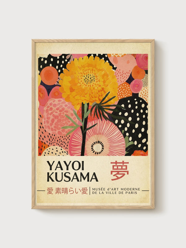 Yayoi Kusama poster in oak frame