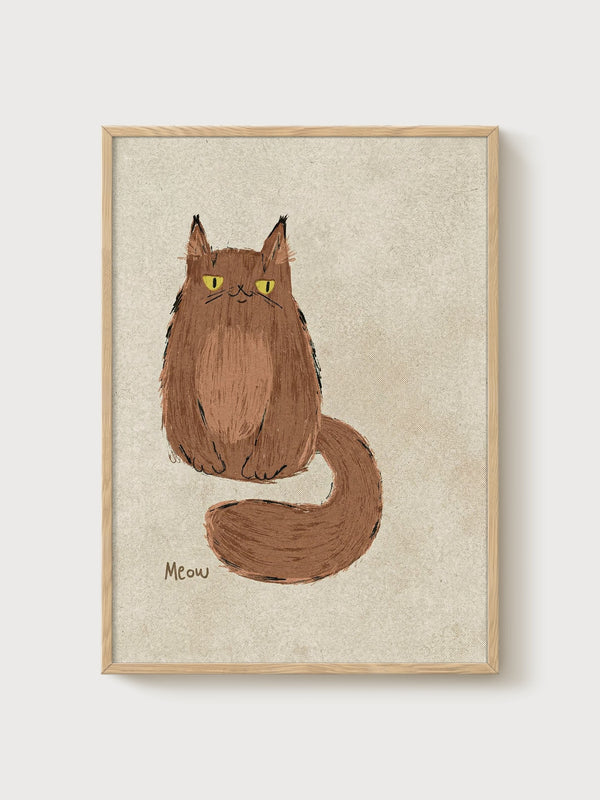 Brown Cat Print poster in oak frame