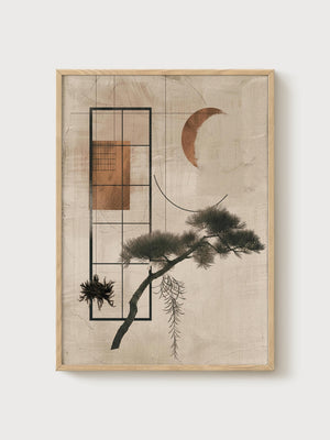 Japanese Bonsai Pine Tree Art Print poster in oak frame
